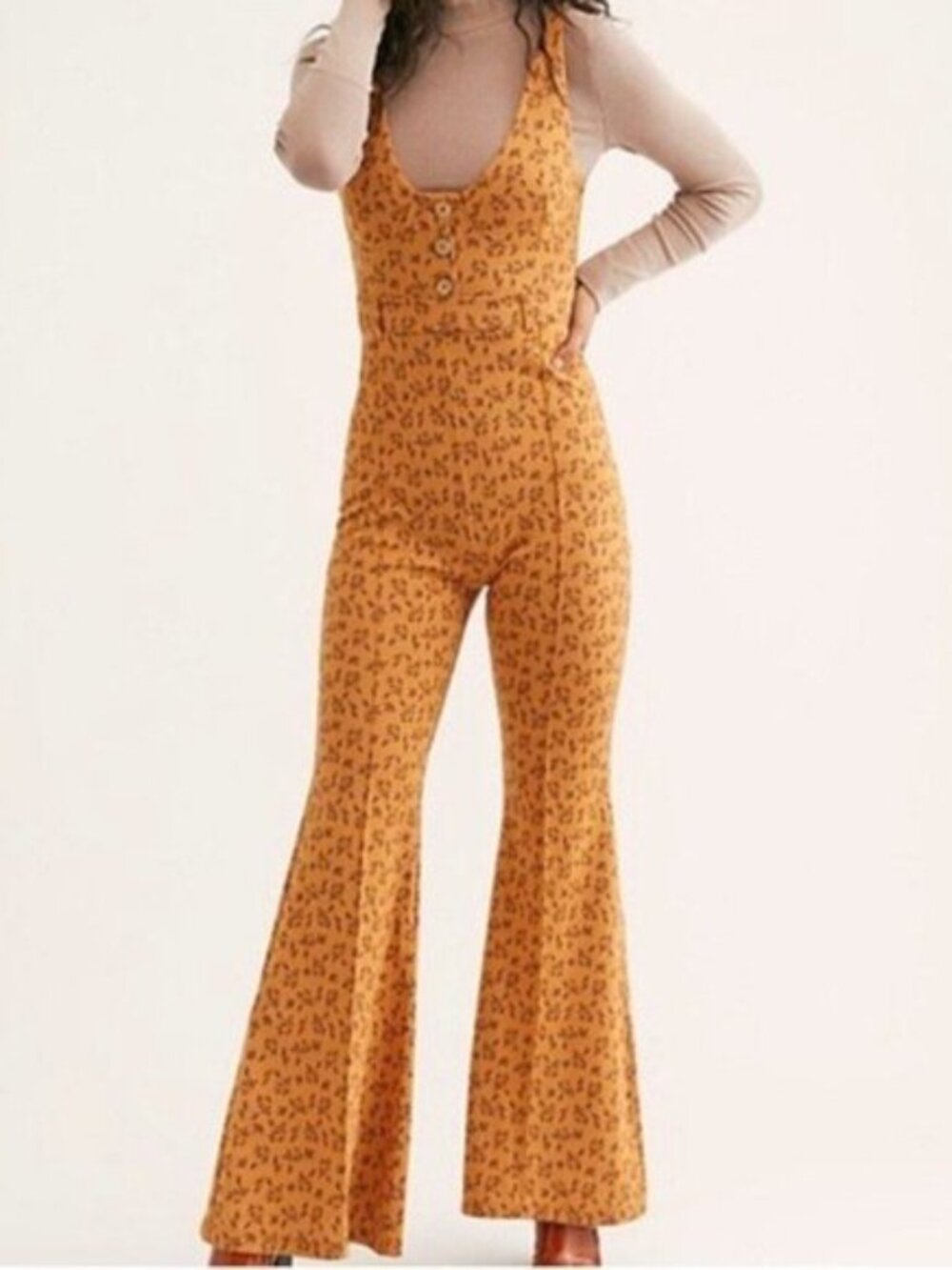 Free People Eyes On You Jumpsuit Size L Boho Flare Wide Leg Leopard Print Retro